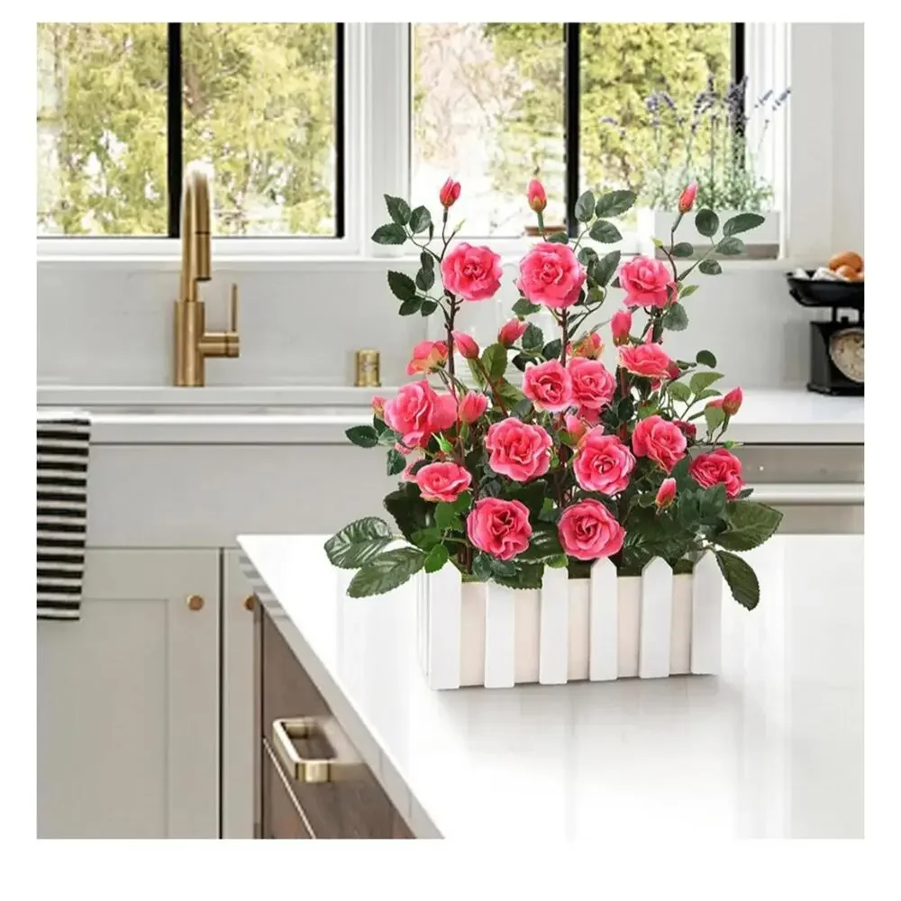 New Artificial Pink Rose Flower Arrangement in White Wooden Planter